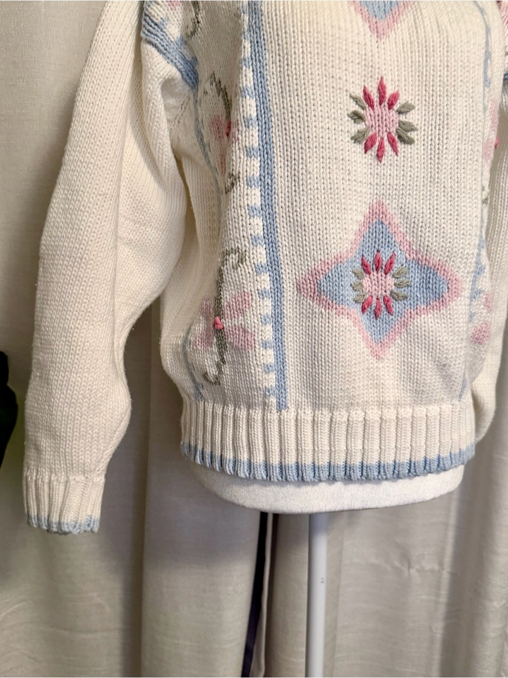 Vintage 80s 90s Lizwear Pastel Embroidered Cotton Knit Sweater M - Picture 4 of 8